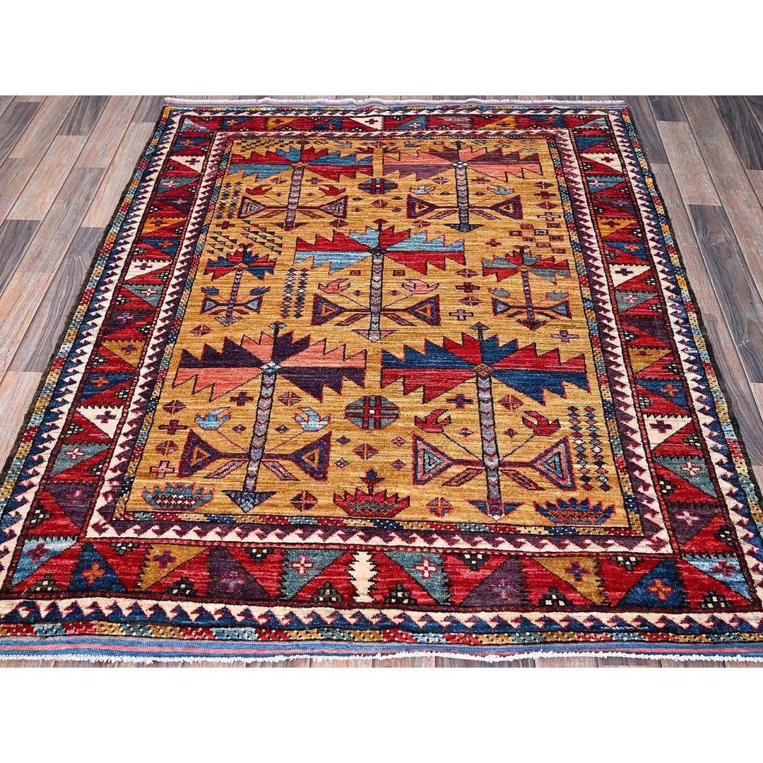 4'6" x 5'2" New Hand Knotted Yellow Wool Rectangle Oriental Rug - MOA102609