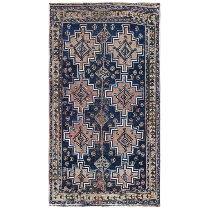 3'10" x 7'0" Vintage Hand Knotted Blue Wool Rectangle Oriental Rug - MOA10261091