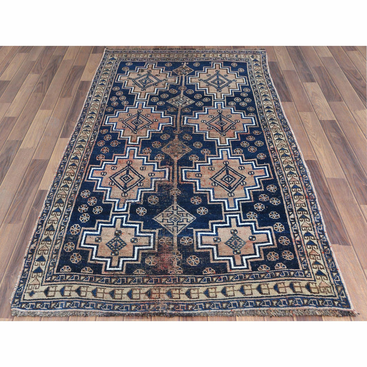 3'10" x 7'0" Vintage Hand Knotted Blue Wool Rectangle Oriental Rug - MOA10261091