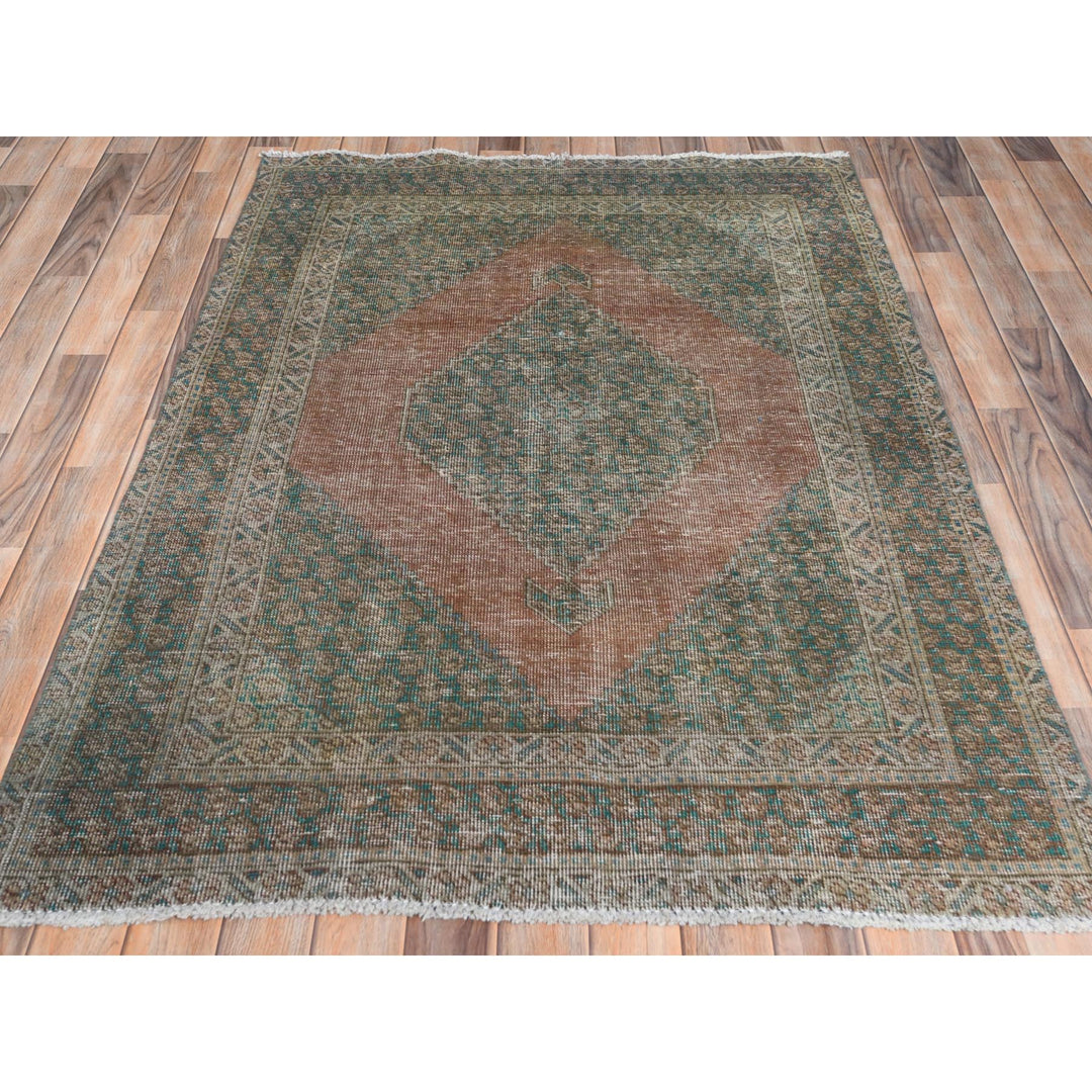 4'1" x 6'0" Vintage Hand Knotted Brown Worn Wool Rectangle Oriental Rug - MOA10261953