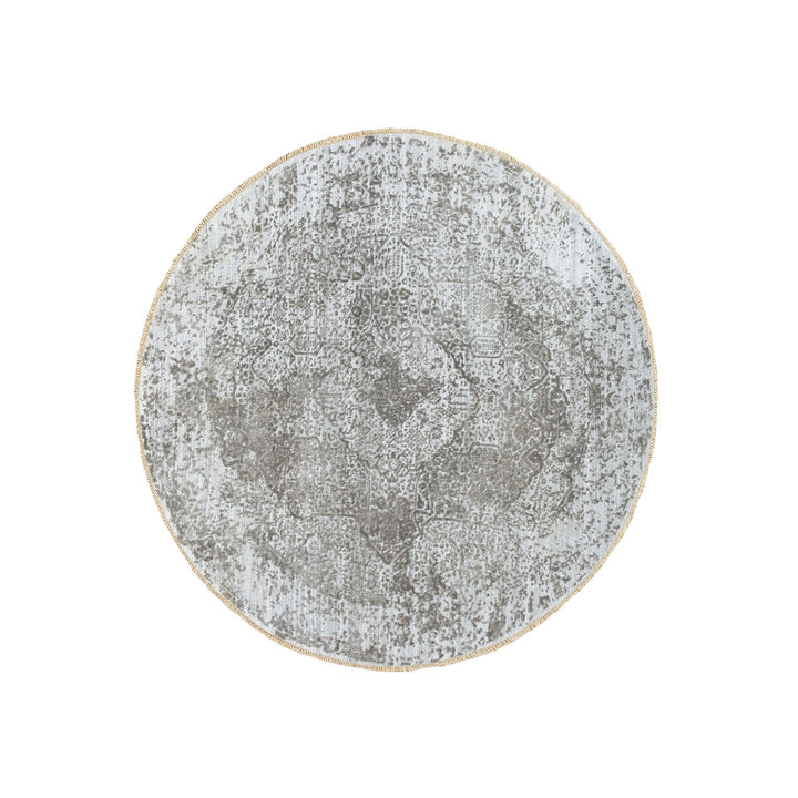 6'0" x 6'0" New Hand Knotted Grey Wool & Pure Silk Round Oriental Rug - MOA10262054