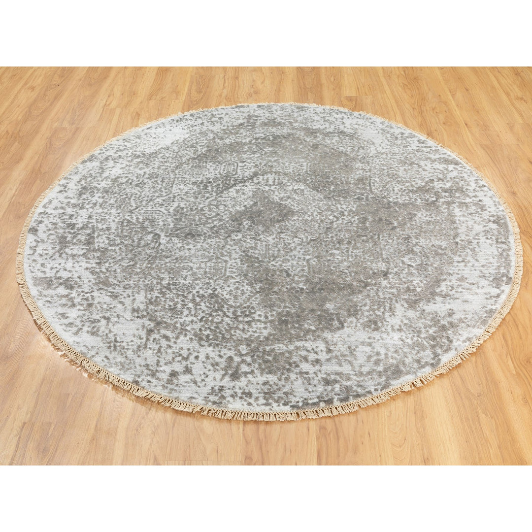 6'0" x 6'0" New Hand Knotted Grey Wool & Pure Silk Round Oriental Rug - MOA10262054