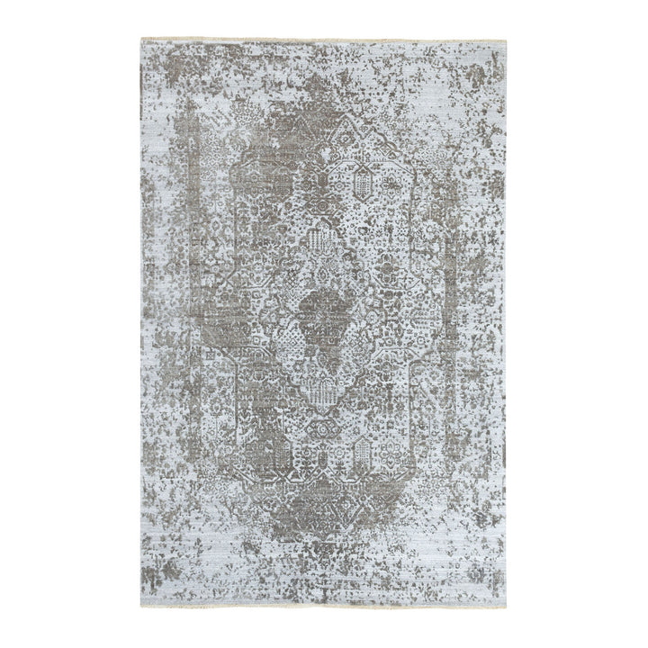 6'0" x 9'0" New Hand Knotted Grey Wool & Pure Silk Rectangle Oriental Rug - MOA10262057