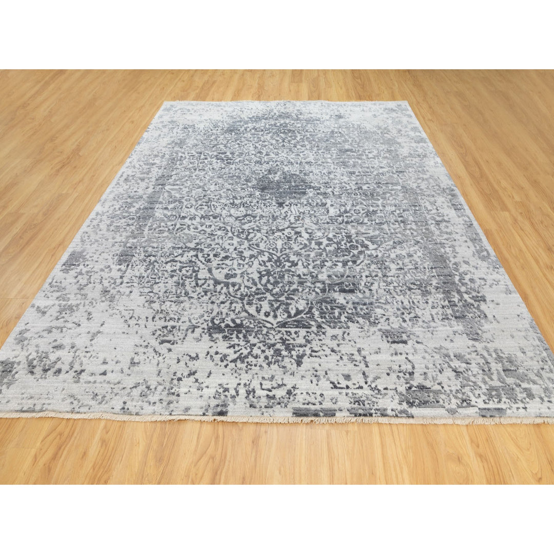 8'0" x 10'1" New Hand Knotted Grey Wool & Pure Silk Rectangle Oriental Rug - MOA10262058