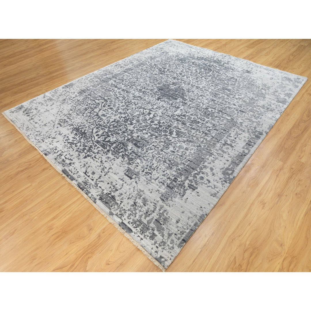 8'0" x 10'1" New Hand Knotted Grey Wool & Pure Silk Rectangle Oriental Rug - MOA10262058