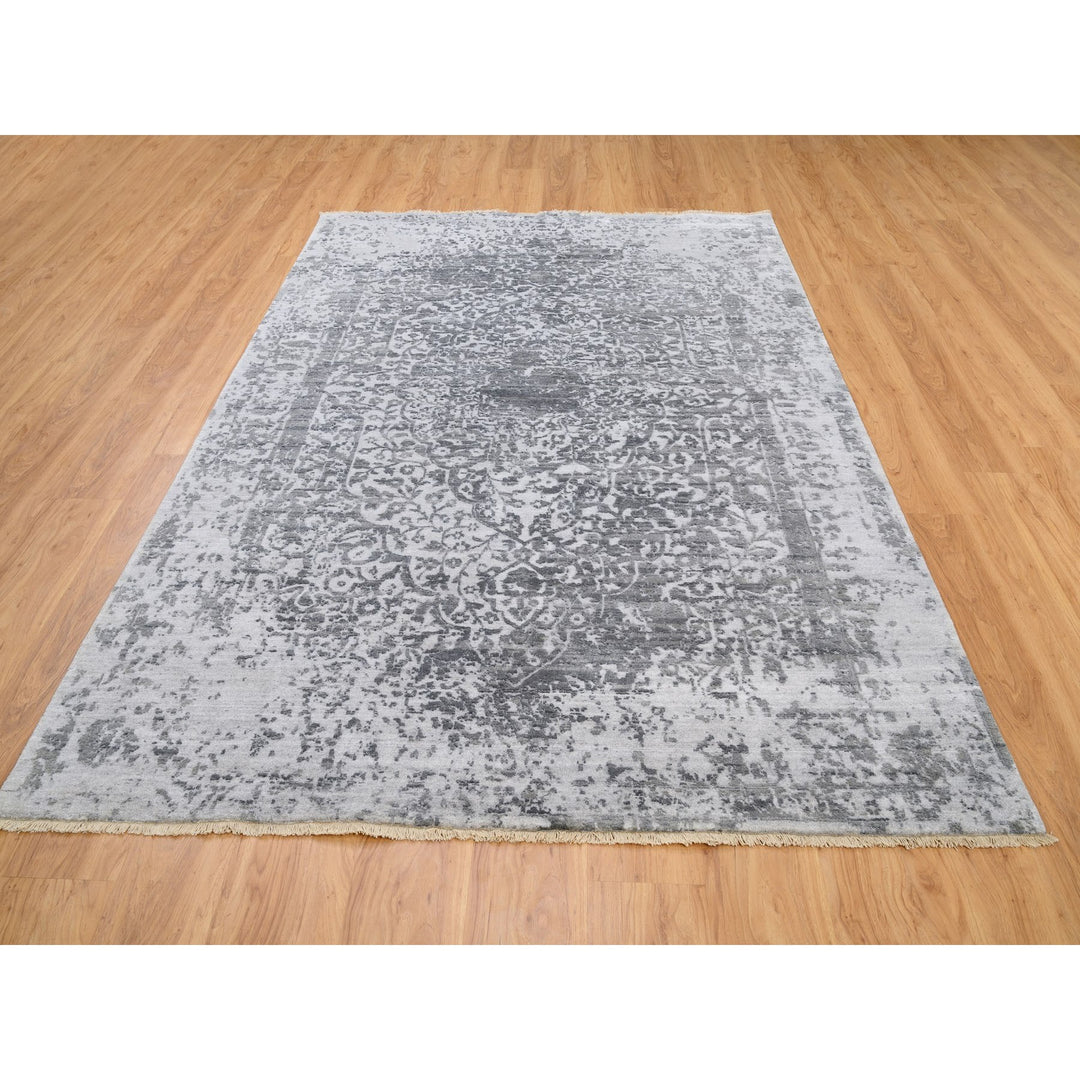 6'1" x 9'2" New Hand Knotted Grey Wool & Pure Silk Rectangle Oriental Rug - MOA10262094