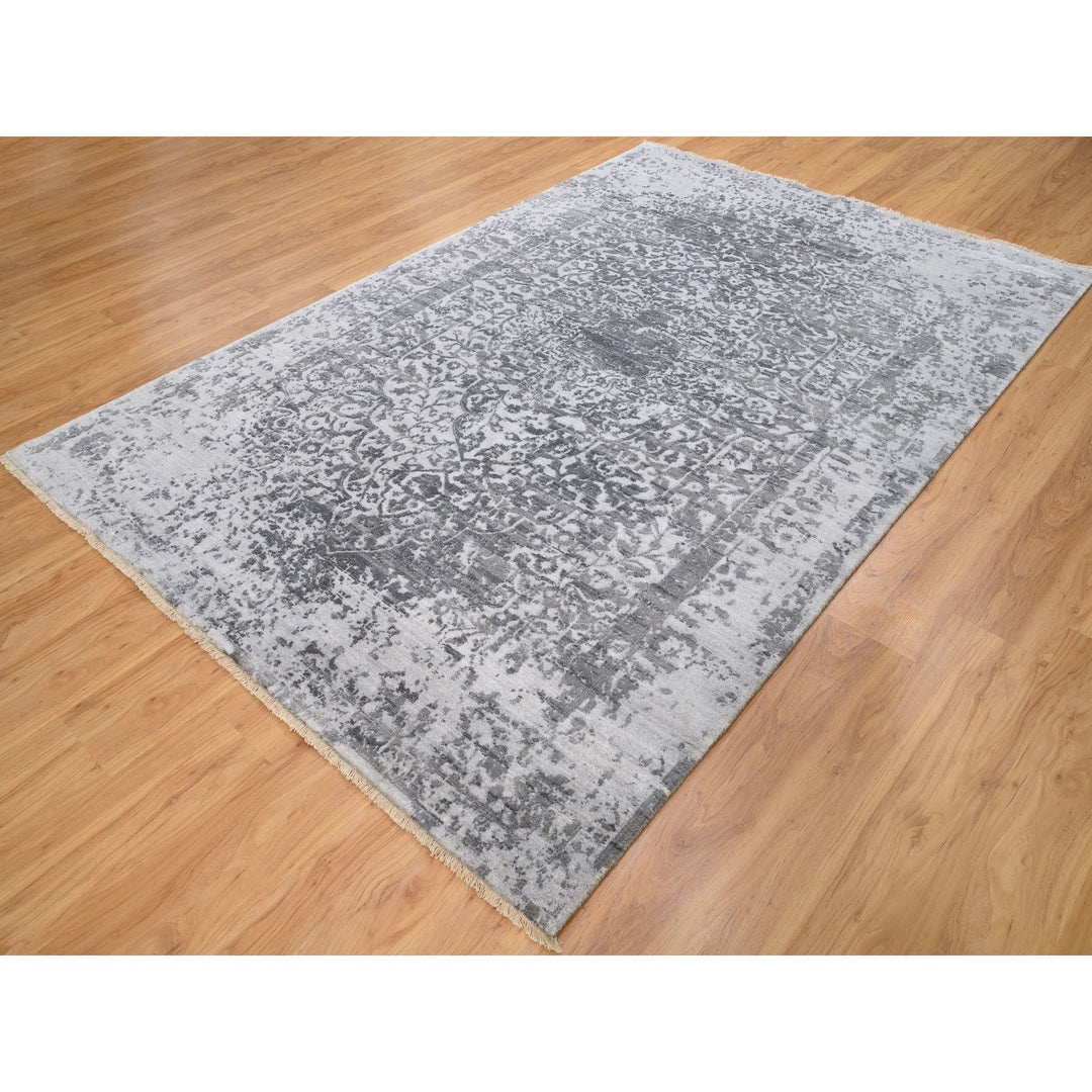 6'1" x 9'2" New Hand Knotted Grey Wool & Pure Silk Rectangle Oriental Rug - MOA10262094