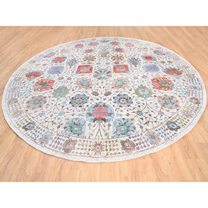 12'2" x 12'2" New Hand Knotted Ivory Wool & Silk Round Oriental Rug - MOA10262274