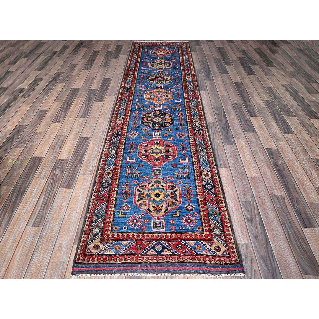 2'8" x 9'7" New Hand Knotted Blue Wool Runner Oriental Rug - MOA102622