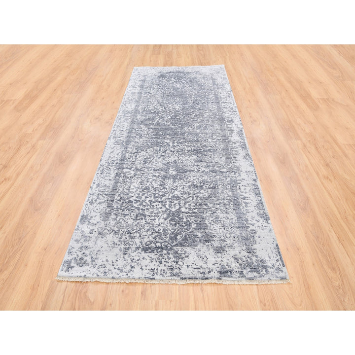 4'1" x 10'0" New Hand Knotted Grey Wool & Pure Silk Runner Oriental Rug - MOA10262355