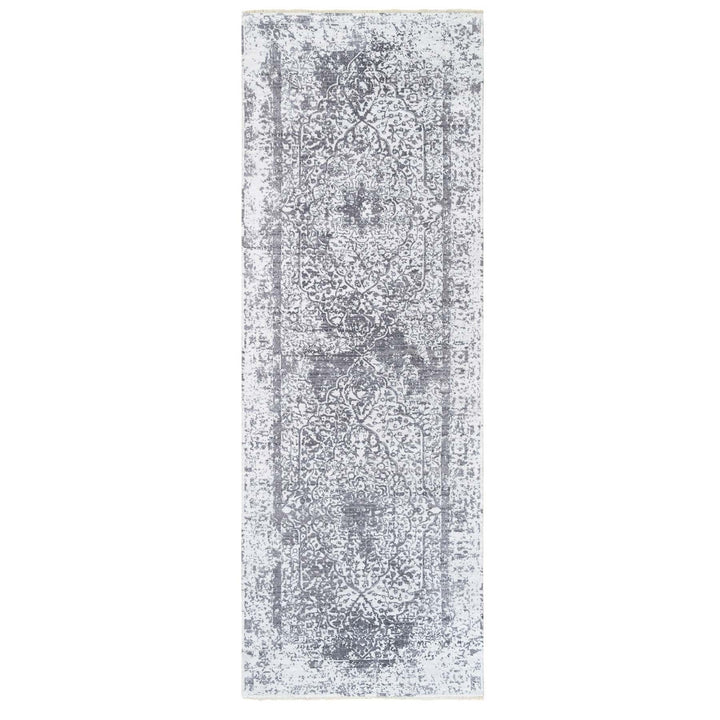 4'1" x 12'1" New Hand Knotted Grey Wool & Pure Silk Runner Oriental Rug - MOA10262367