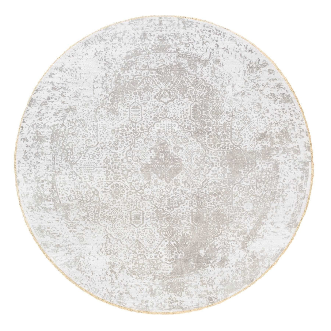 10'0" x 10'0" New Hand Knotted Ivory Wool & Pure Silk Round Oriental Rug - MOA10262368