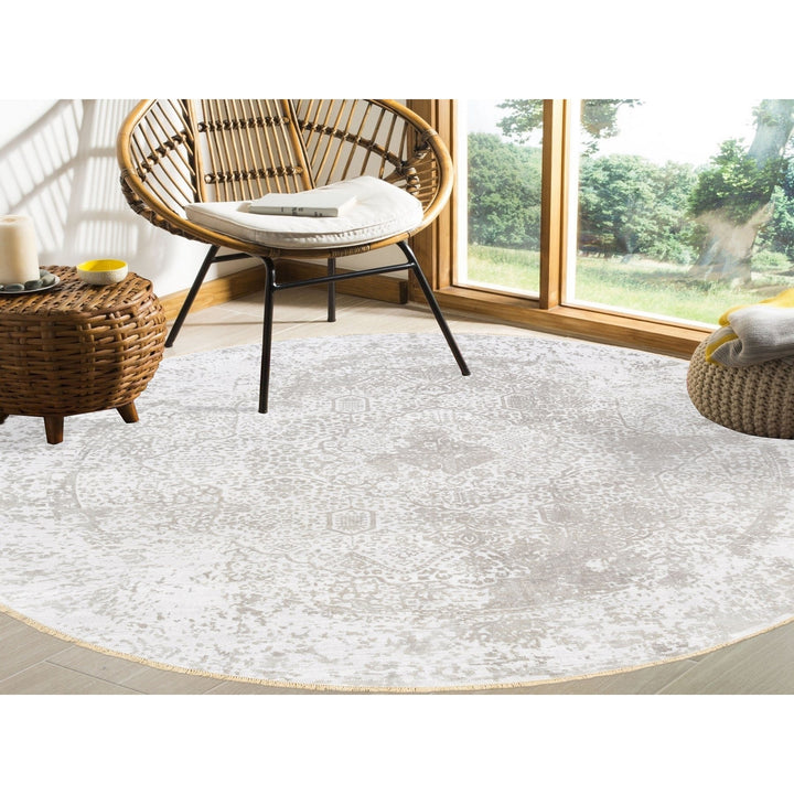 10'0" x 10'0" New Hand Knotted Ivory Wool & Pure Silk Round Oriental Rug - MOA10262368