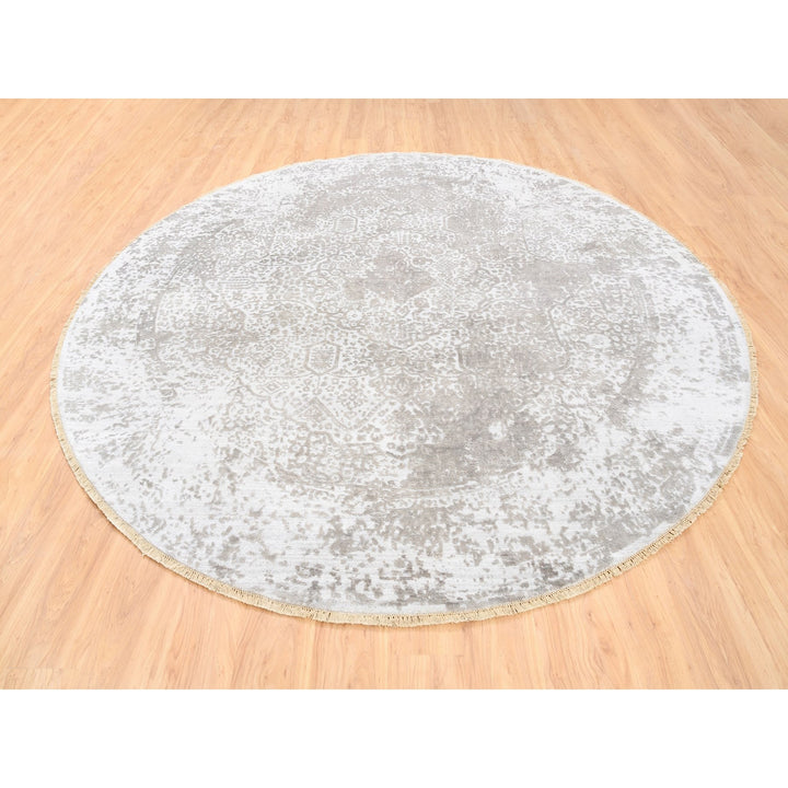 10'0" x 10'0" New Hand Knotted Ivory Wool & Pure Silk Round Oriental Rug - MOA10262368