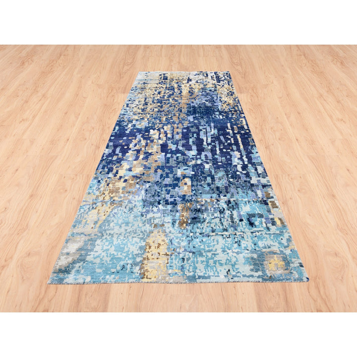 3'10" x 11'8" New Hand Knotted Blue Wool & Silk Runner Oriental Rug - MOA10262650