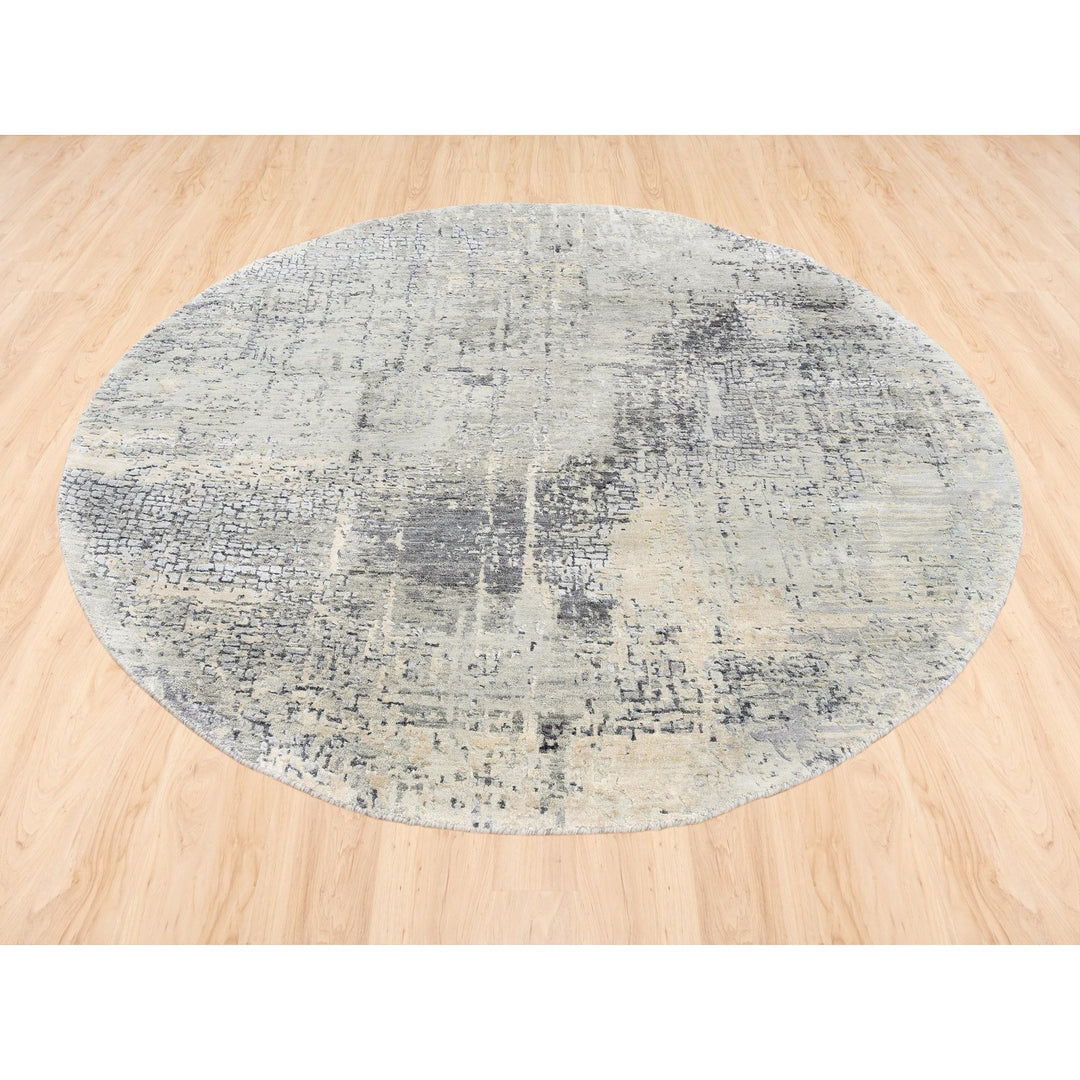 5'9" x 5'10" New Hand Knotted Grey Wool & Silk Round Oriental Rug - MOA10262682