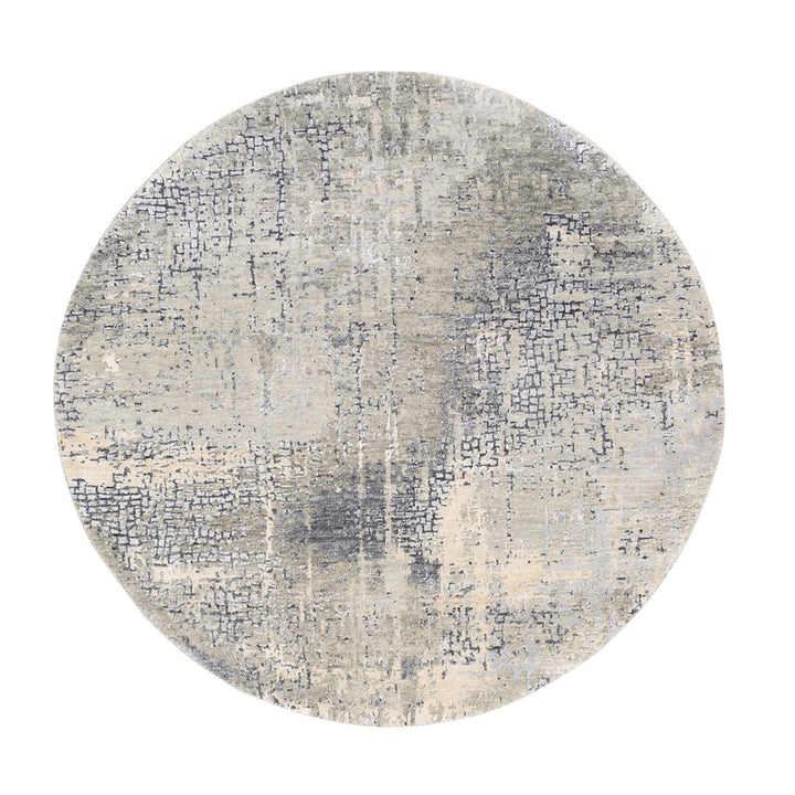 4'10" x 4'10" New Hand Knotted Grey Wool & Silk Round Oriental Rug - MOA10262683