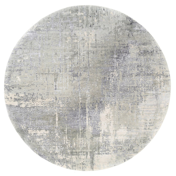 11'9" x 11'9" New Hand Knotted Grey Wool & Silk Round Oriental Rug - MOA10262693