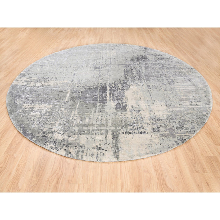 11'9" x 11'9" New Hand Knotted Grey Wool & Silk Round Oriental Rug - MOA10262693