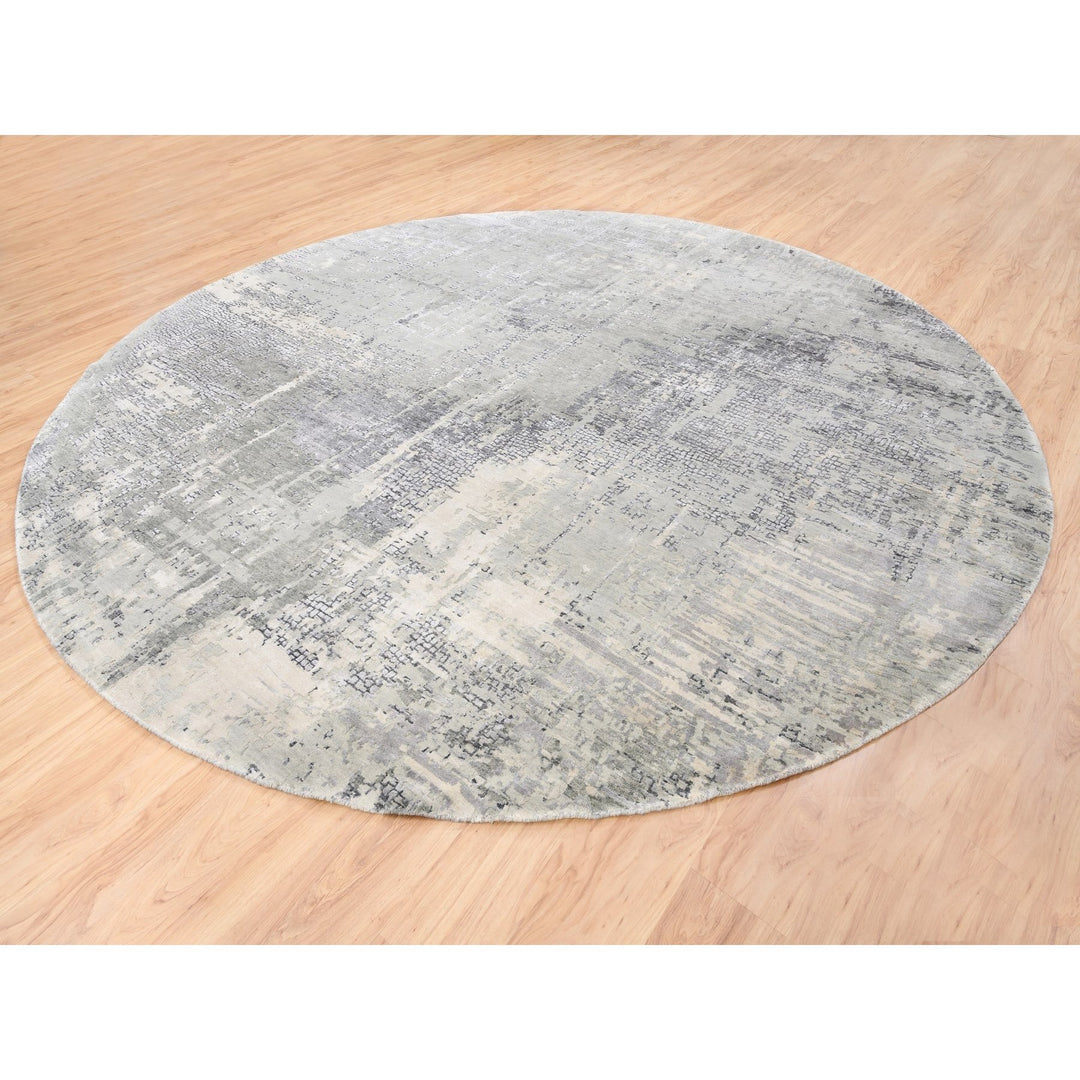 11'9" x 11'9" New Hand Knotted Grey Wool & Silk Round Oriental Rug - MOA10262693