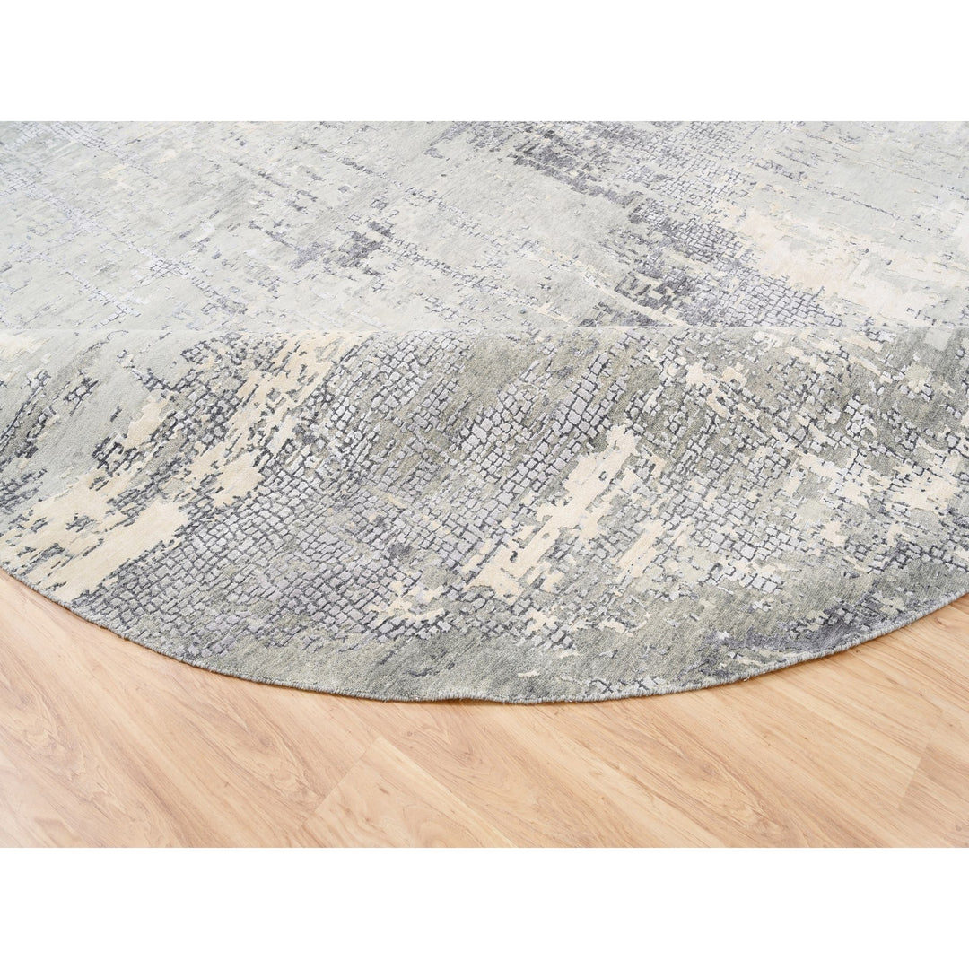 11'9" x 11'9" New Hand Knotted Grey Wool & Silk Round Oriental Rug - MOA10262693