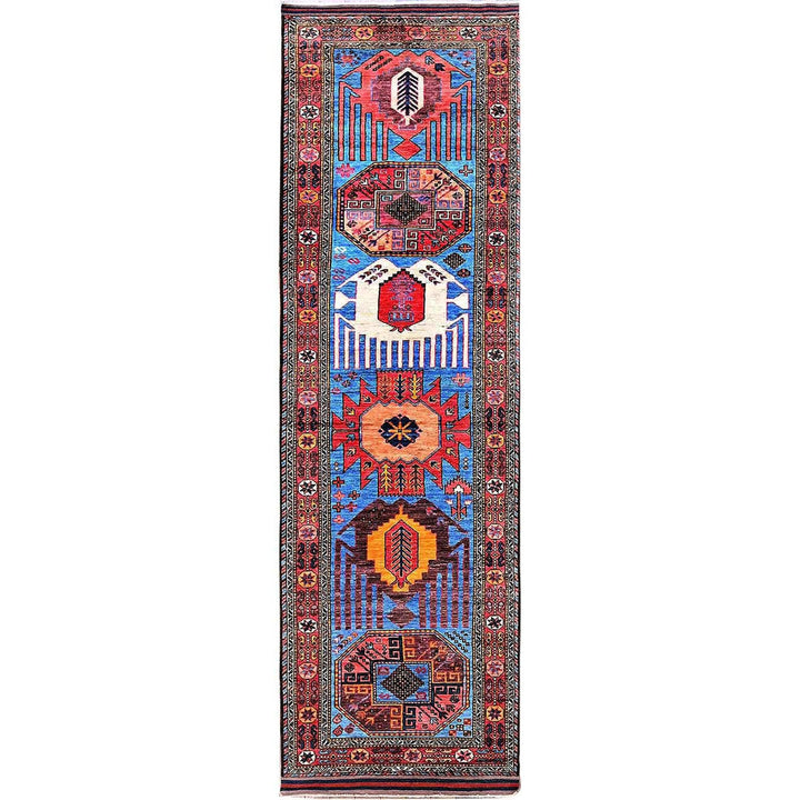 3'1" x 9'7" New Hand Knotted Blue Wool Runner Oriental Rug - MOA102626