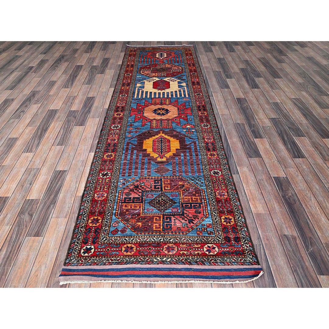 3'1" x 9'7" New Hand Knotted Blue Wool Runner Oriental Rug - MOA102626