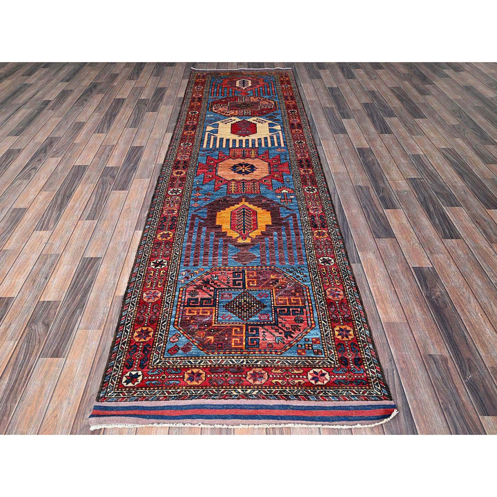 3'1" x 9'7" New Hand Knotted Blue Wool Runner Oriental Rug - MOA102626