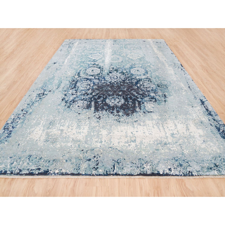 9'1" x 11'9" New Hand Knotted Blue Wool & Silk Rectangle Oriental Rug - MOA10262840