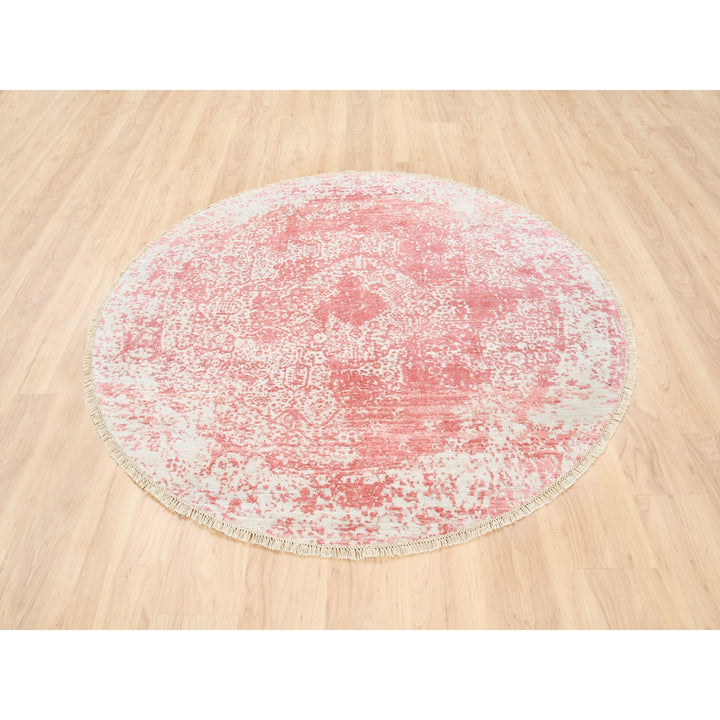 5'10" x 6'0" New Hand Knotted Pink Wool & Pure Silk Round Oriental Rug - MOA10262875