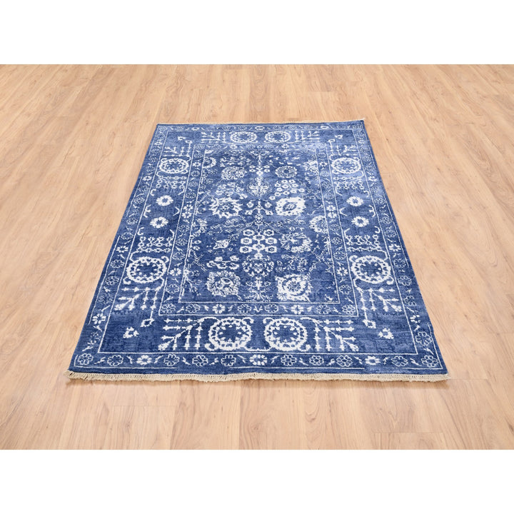 4'1" x 6'1" New Hand Knotted Blue Wool & Silk Rectangle Oriental Rug - MOA10262962