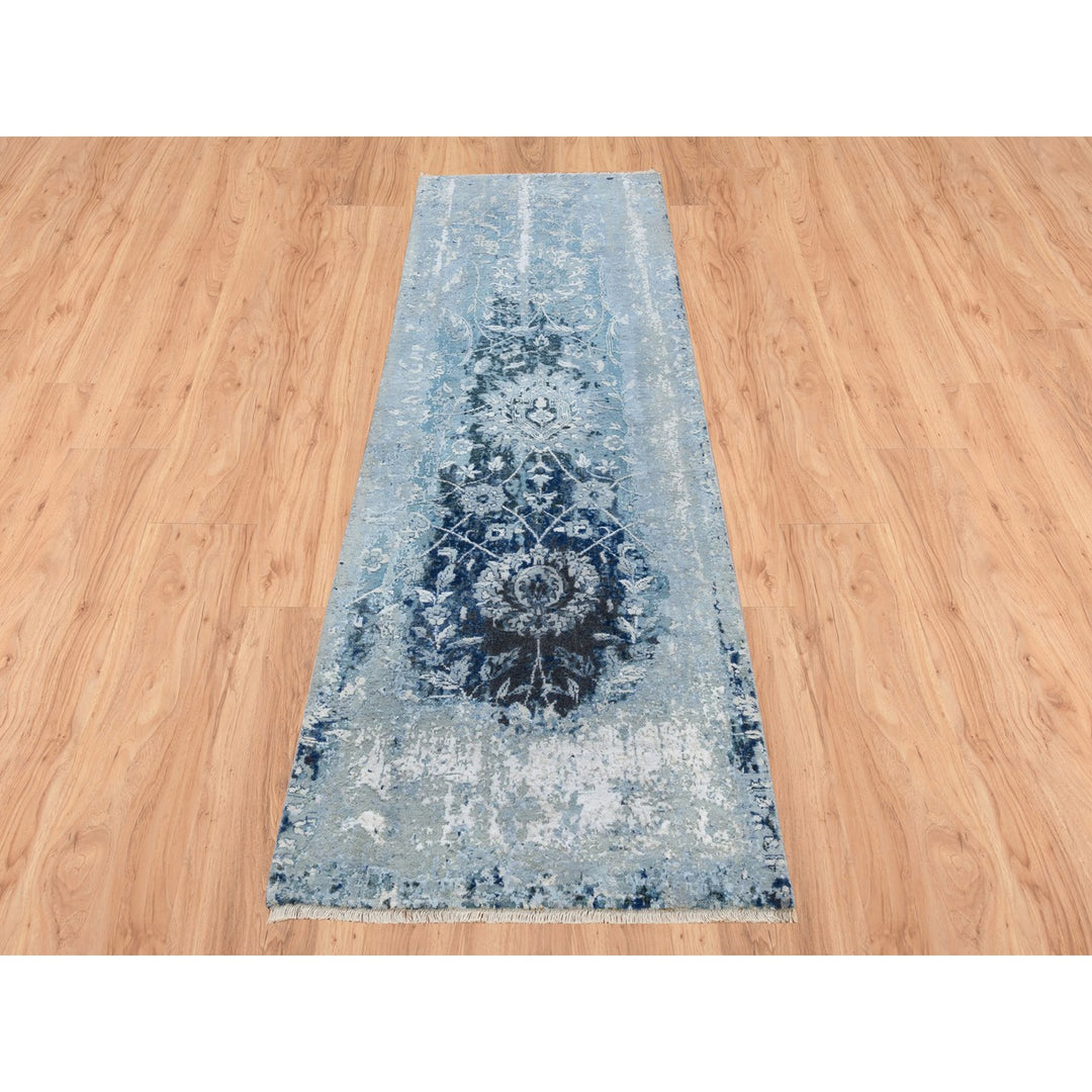 2'7" x 8'0" New Hand Knotted Blue Wool & Silk Runner Oriental Rug - MOA10263191