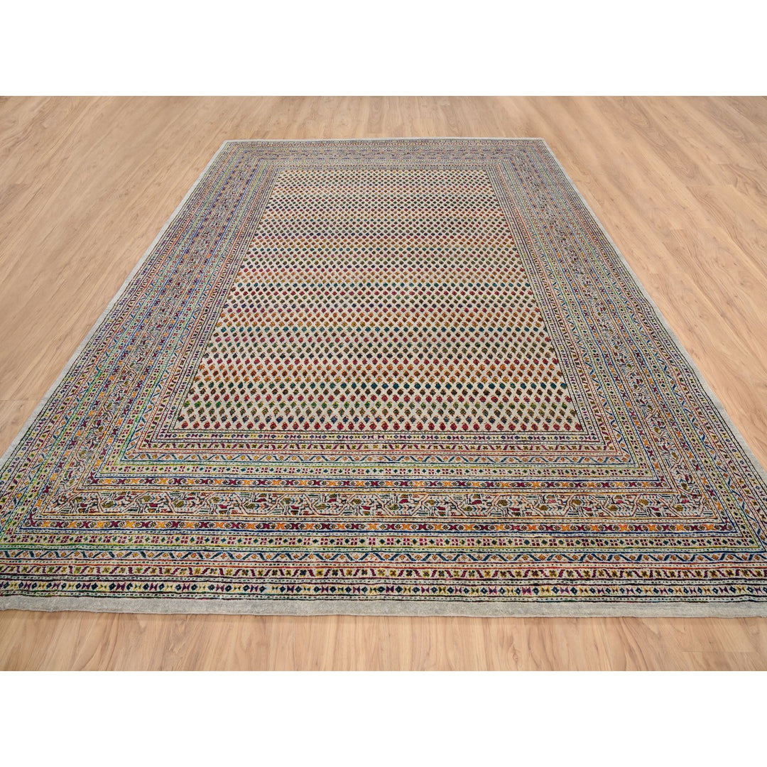 8'8" x 12'2" New Hand Knotted Beige Wool & Sari Silk Rectangle Oriental Rug - MOA10263206