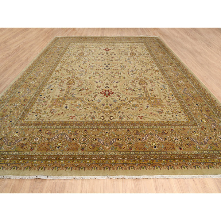 12'0" x 14'10" New Hand Knotted Beige Wool & Silk Rectangle Oriental Rug - MOA10263354