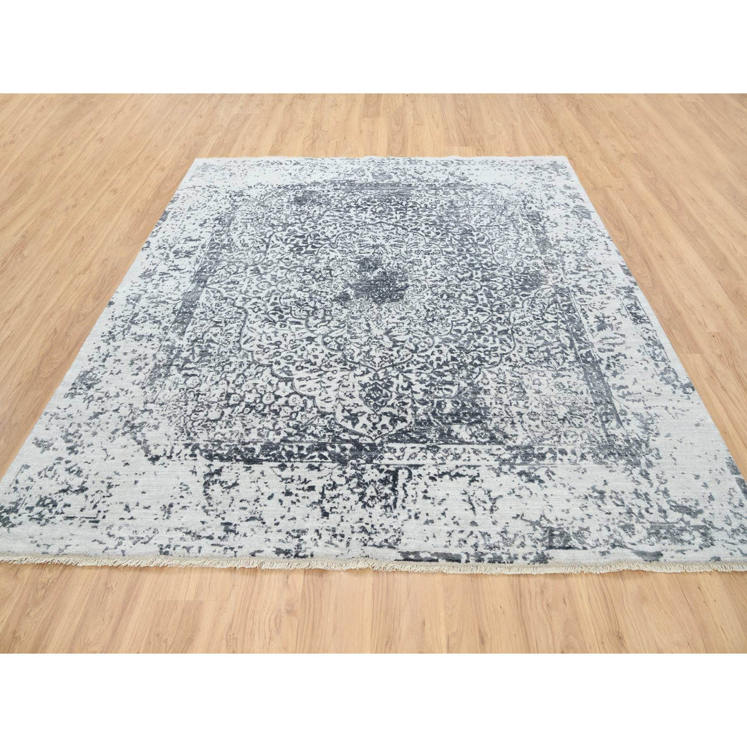 8'0" x 8'0" New Hand Knotted Grey Wool & Silk Square Oriental Rug - MOA10263455