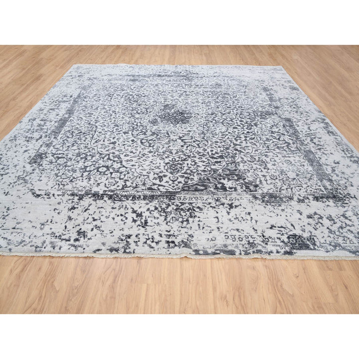 12'0" x 12'0" New Hand Knotted Grey Wool & Silk Square Oriental Rug - MOA10263467