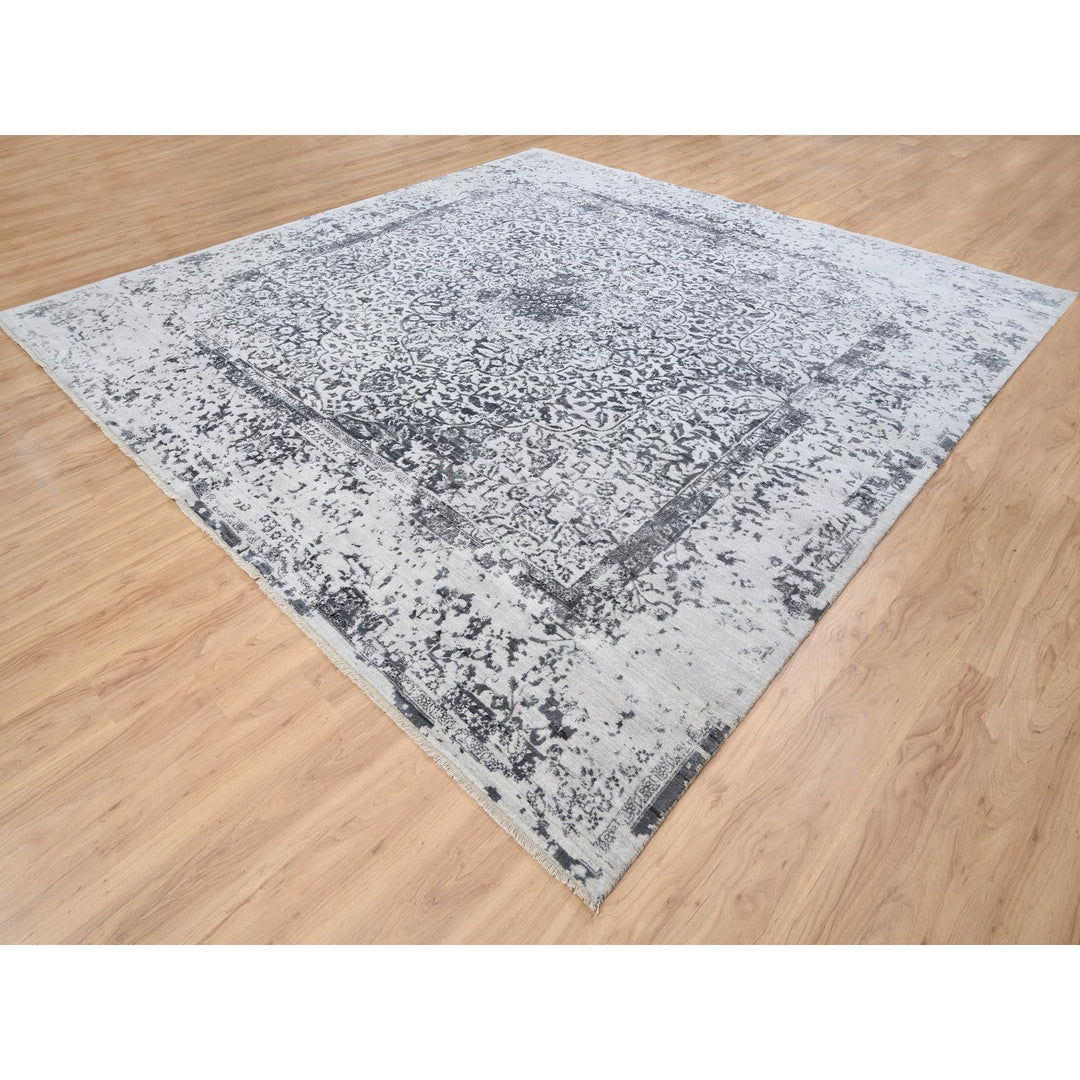 12'0" x 12'0" New Hand Knotted Grey Wool & Silk Square Oriental Rug - MOA10263467