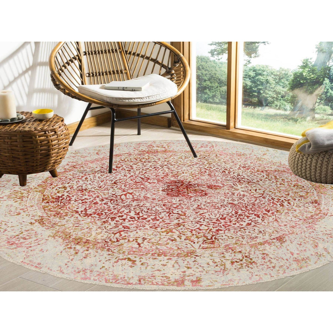 9'8" x 9'8" New Hand Knotted Pink Wool & Silk Round Oriental Rug - MOA10263468