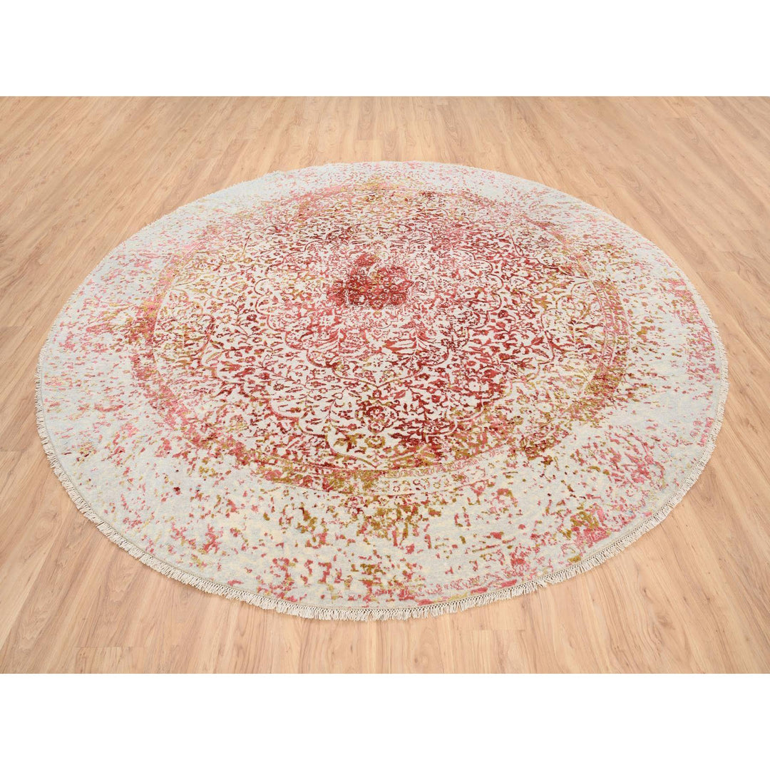 9'8" x 9'8" New Hand Knotted Pink Wool & Silk Round Oriental Rug - MOA10263468