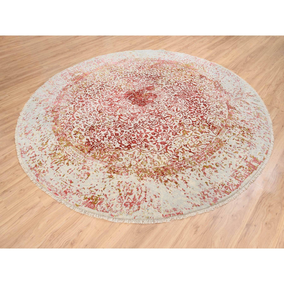 9'8" x 9'8" New Hand Knotted Pink Wool & Silk Round Oriental Rug - MOA10263468