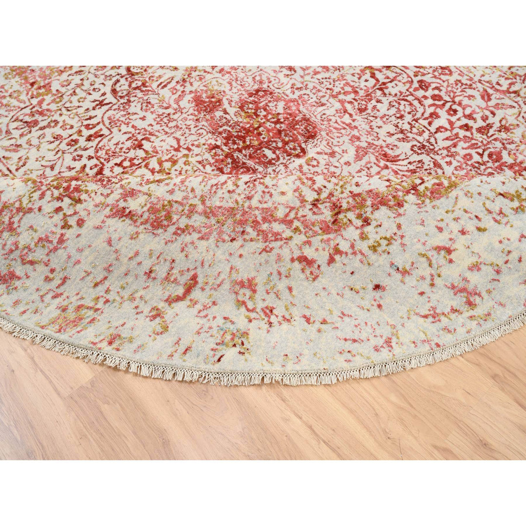 9'8" x 9'8" New Hand Knotted Pink Wool & Silk Round Oriental Rug - MOA10263468