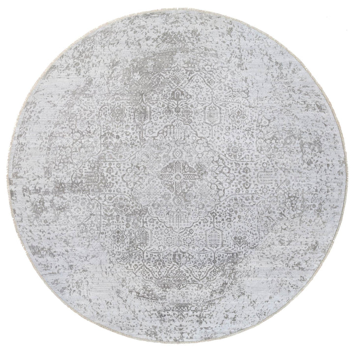 11'9" x 11'9" New Hand Knotted Grey Wool & Silk Round Oriental Rug - MOA10263477