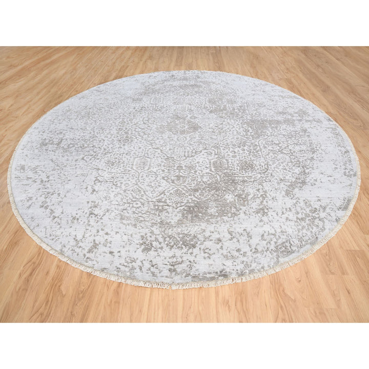 11'9" x 11'9" New Hand Knotted Grey Wool & Silk Round Oriental Rug - MOA10263477