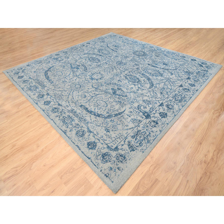 10'0" x 10'0" New Hand Loomed Blue Wool & Silk Square Oriental Rug - MOA10263481