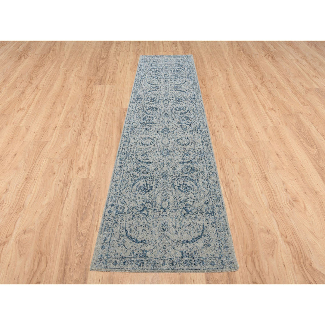 2'6" x 12'0" New Hand Loomed Blue Wool & Silk Runner Oriental Rug - MOA10263509