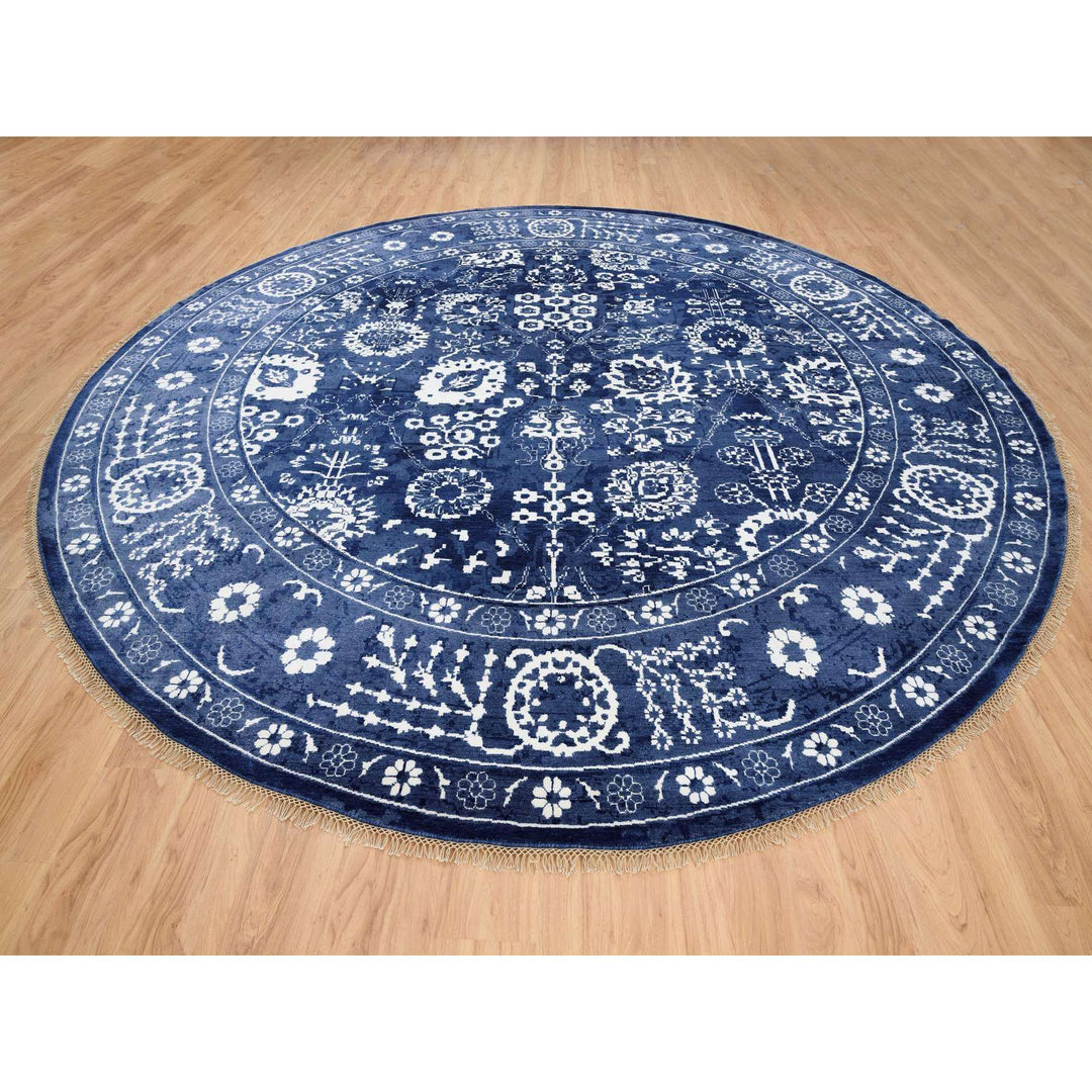 11'10" x 11'10" New Hand Knotted Blue Wool & Silk Round Oriental Rug - MOA10263602