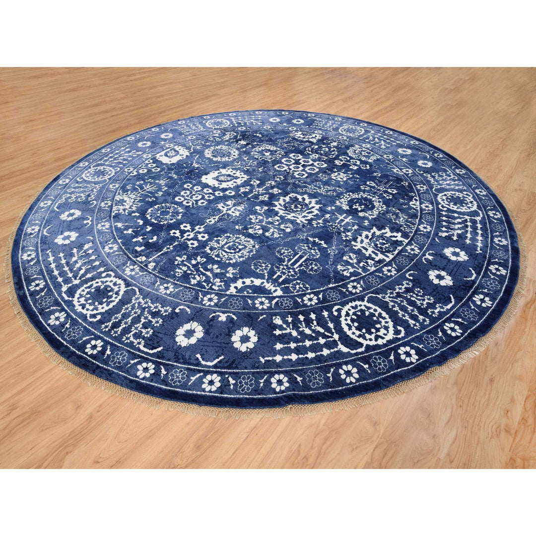 11'10" x 11'10" New Hand Knotted Blue Wool & Silk Round Oriental Rug - MOA10263602