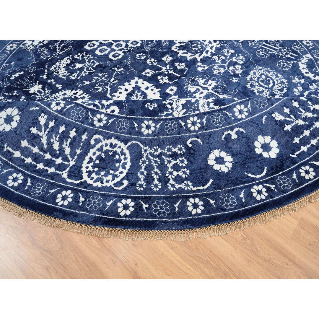 11'10" x 11'10" New Hand Knotted Blue Wool & Silk Round Oriental Rug - MOA10263602