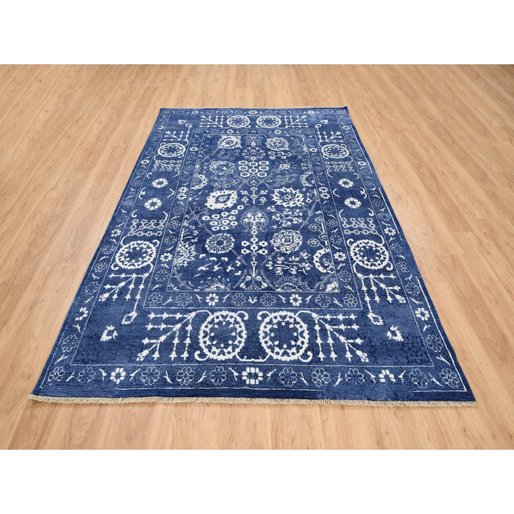 6'0" x 8'10" New Hand Knotted Blue Wool & Silk Rectangle Oriental Rug - MOA10263603