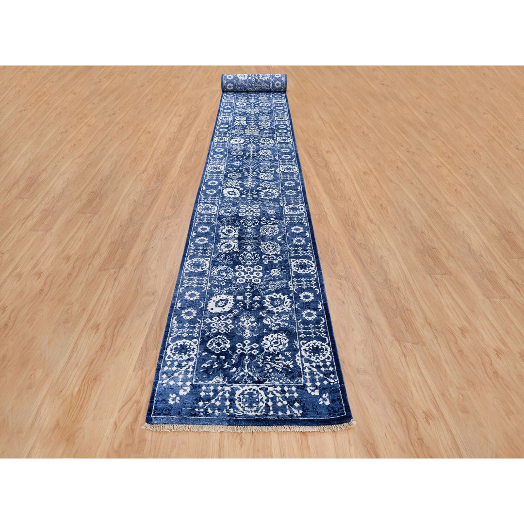 2'6" x 23'10" New Hand Knotted Blue Wool & Silk Runner Oriental Rug - MOA10263605